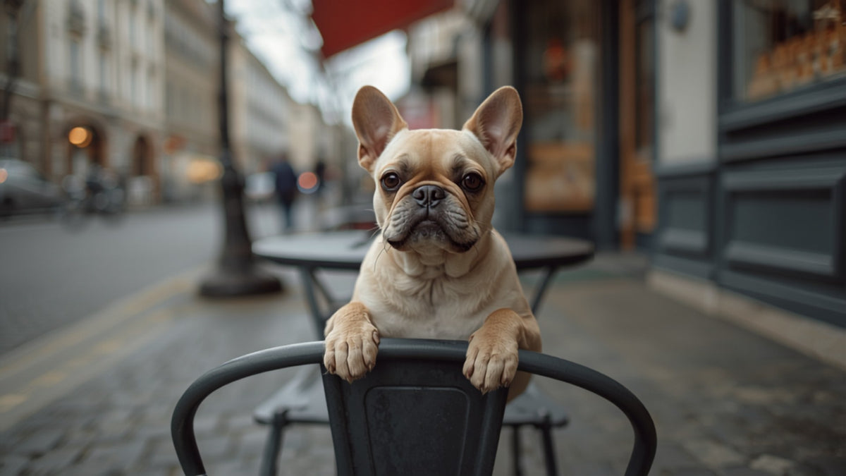 Bouledogue français à la terrasse d'un café