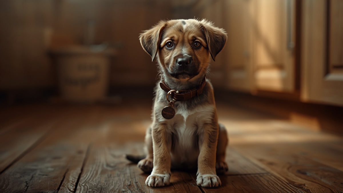 Chiot avec collier et médaille qui penche la tête
