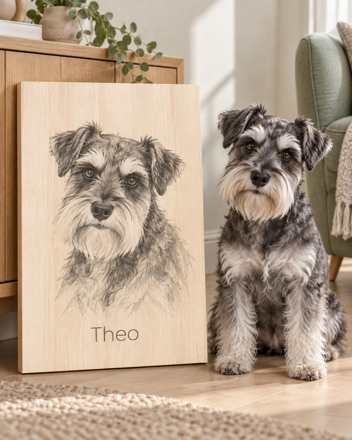 Zwergschnauzer als Bleistiftzeichnung auf Holz, daneben sitzt ein Zwergschnauzer