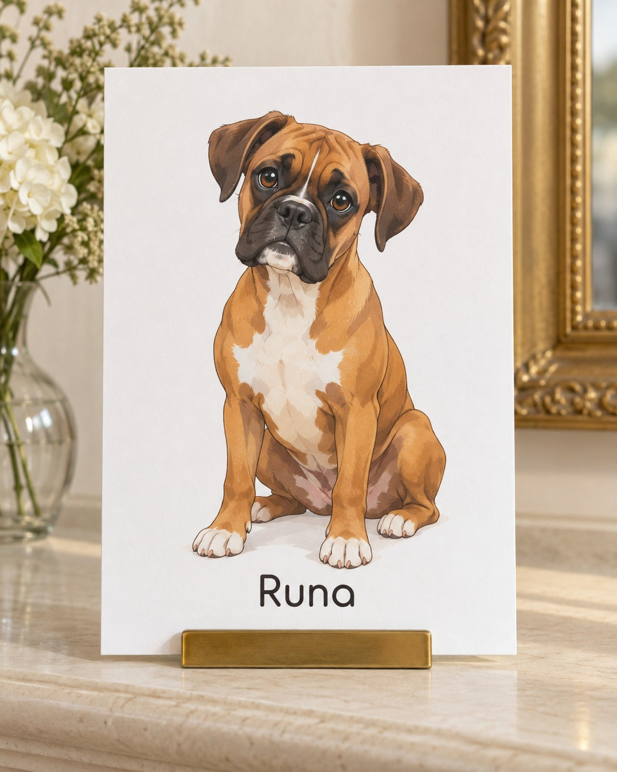 Gezeichneter Boxer mit Namen auf einer Postkarte im Kartenhalter