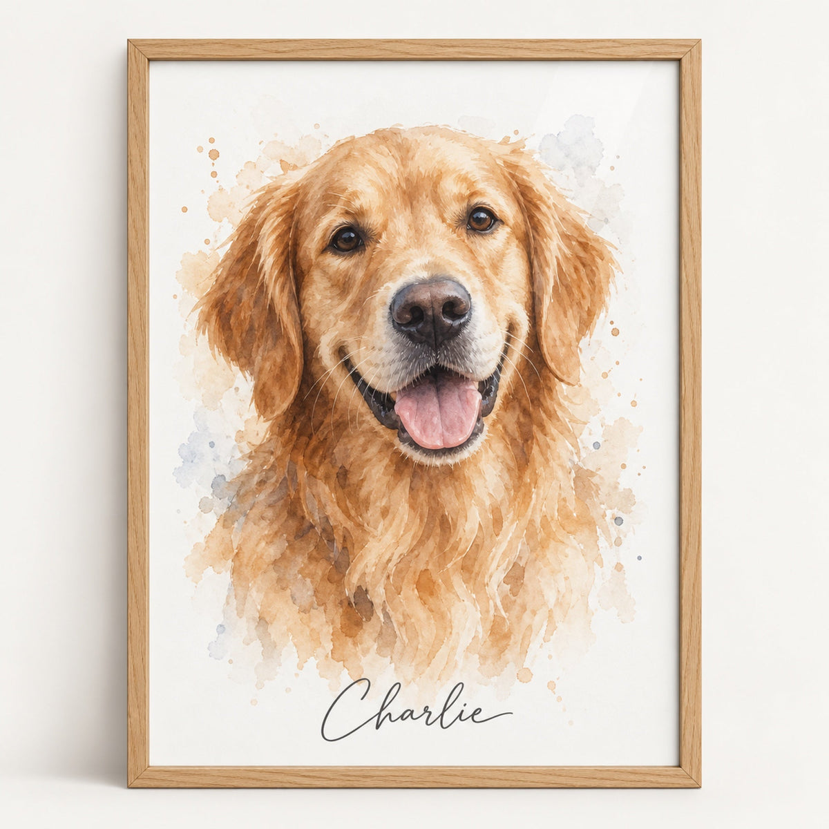 Golden Retriever im Aquarell-Stil mit Namen Charlie im Holzrahmen