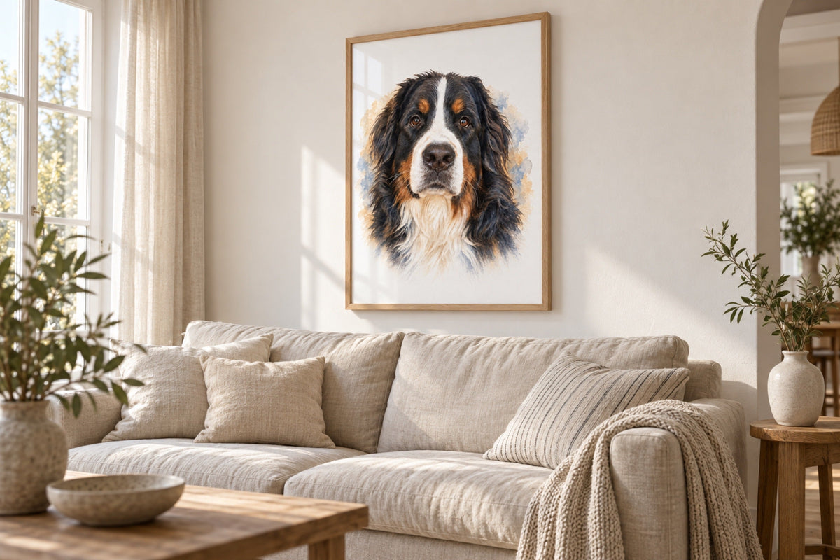 Hundeportrait im Aquarell-Stil an einer Wohnzimmerwand