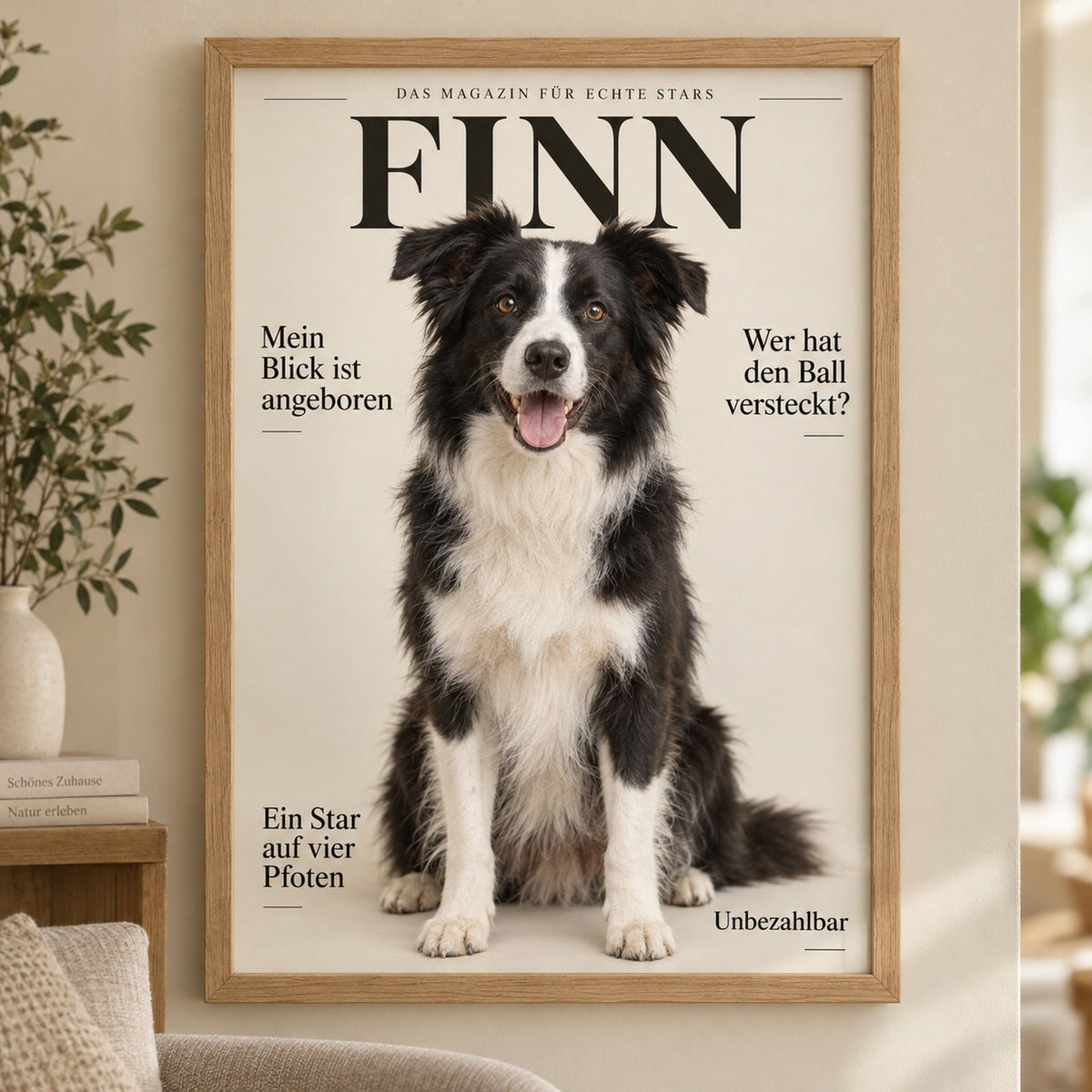 Schwarz-weißer Border Collie als Magazin-Cover im Holzrahmen