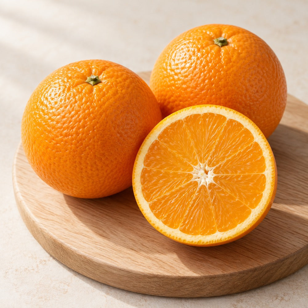 Orangen auf einem hellen Holzbrett