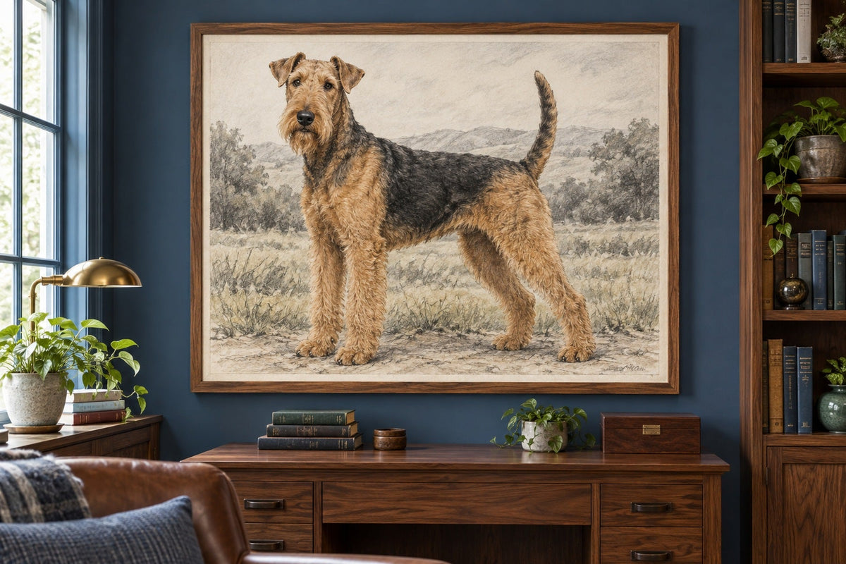 Airedale Terrier als Wandbild im Stil Kohle-Sketch, Raum: blaues Arbeitszimmer