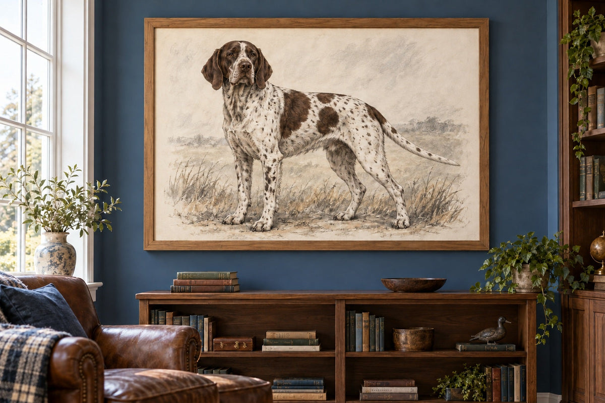 Altdänischer Vorstehhund als Wandbild im Stil Kohle-Sketch, Raum: blaues Arbeitszimmer