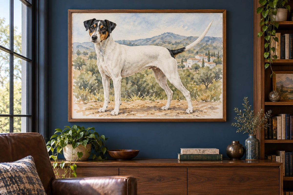 Andalusischer Terrier als Wandbild im Stil Aquarell, Raum: blaues Arbeitszimmer