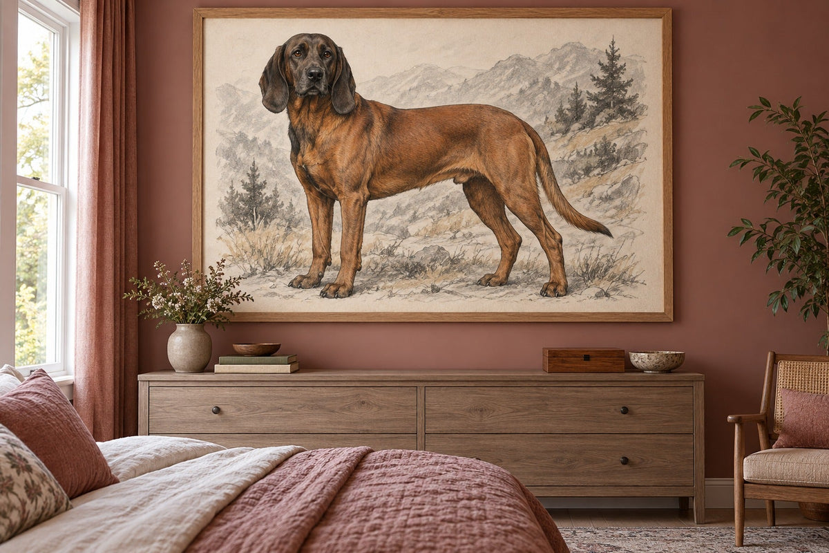 Bayerischer Gebirgsschweißhund als Wandbild im Stil Kohle-Sketch, Raum: altrosafarbenes Schlafzimmer