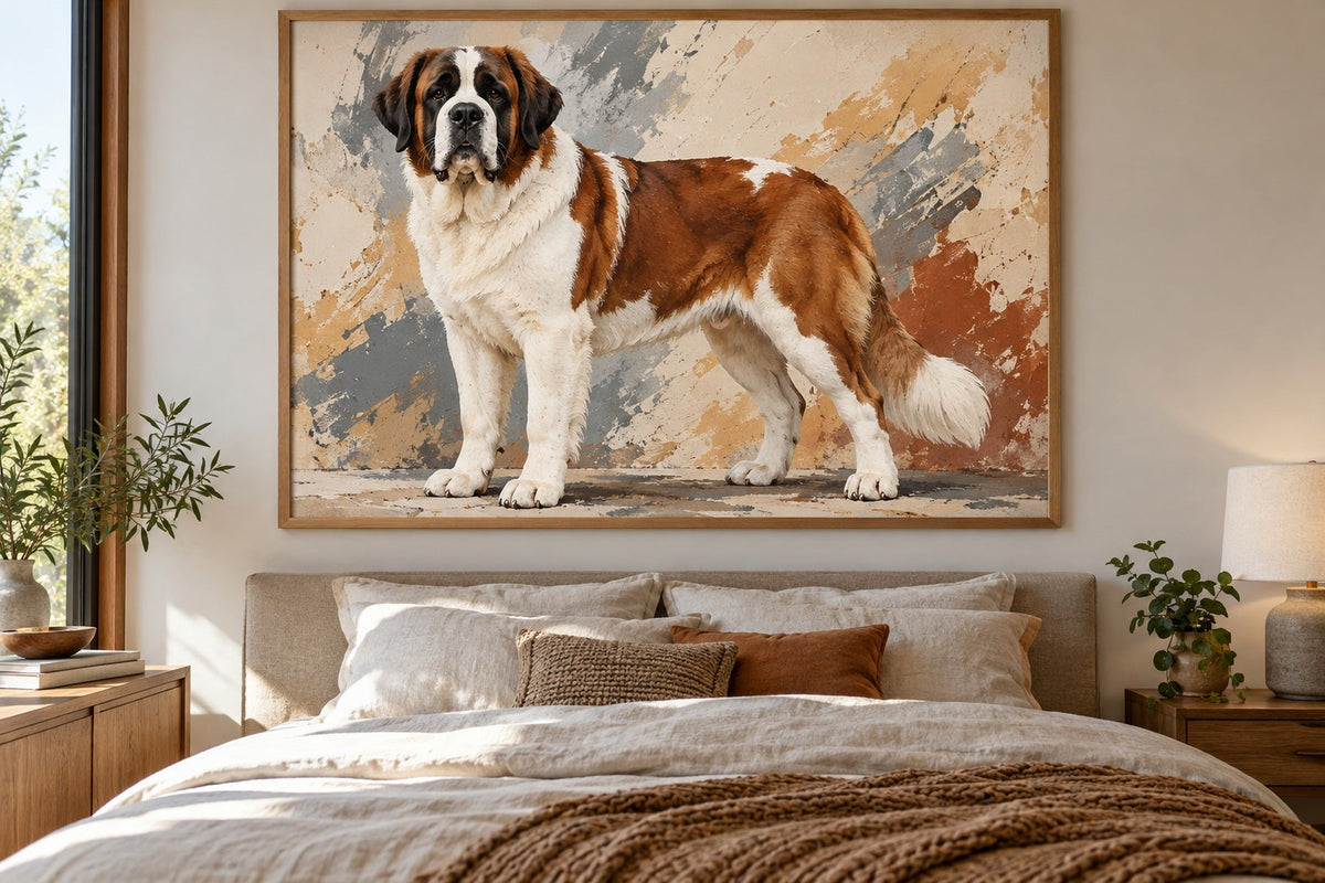 Bernhardiner als Wandbild im Stil Pop-Art, Raum: sandfarbenes Schlafzimmer