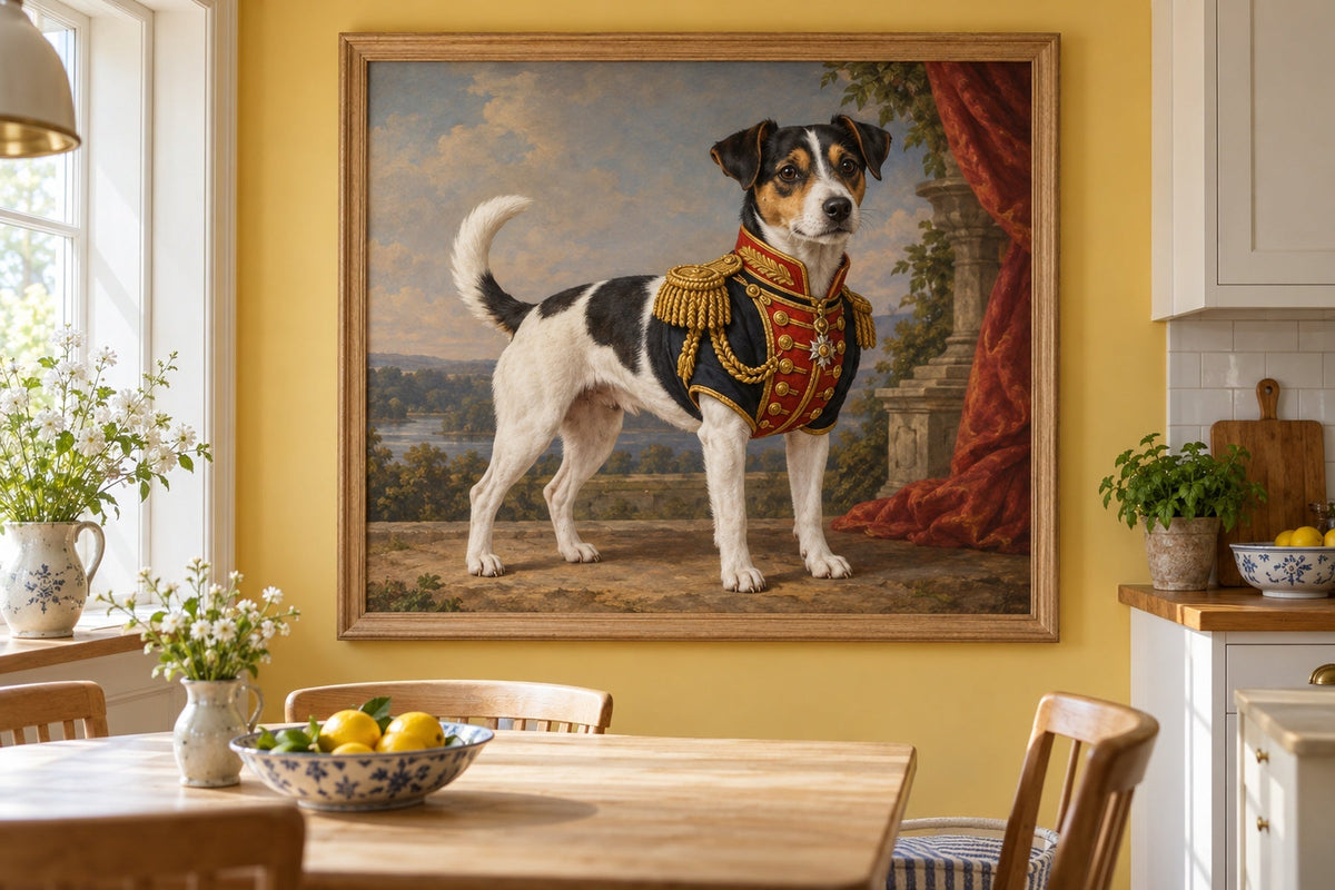 Dänisch-Schwedischer Farmhund als Wandbild im Stil Royal mit kurzer Uniform, Raum: gelbe Wohnküche