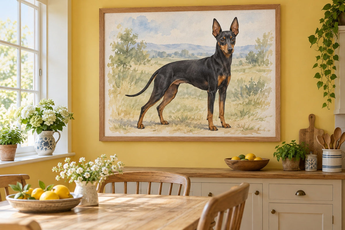 English Toy Terrier als Wandbild im Stil Aquarell, Raum: gelbe Wohnküche