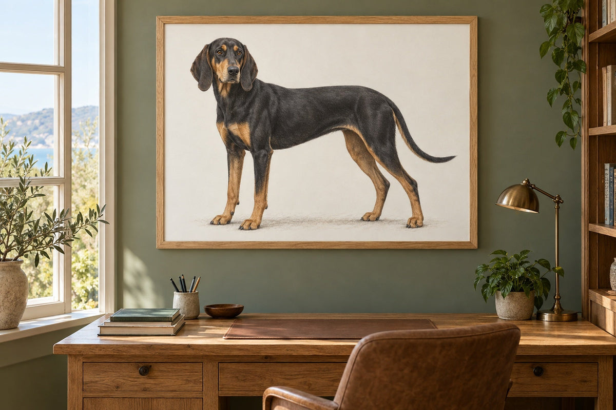 Griechischer Laufhund als Wandbild im Stil Minimal, feine Farbzeichnung, Raum: salbeifarbenes Arbeitszimmer