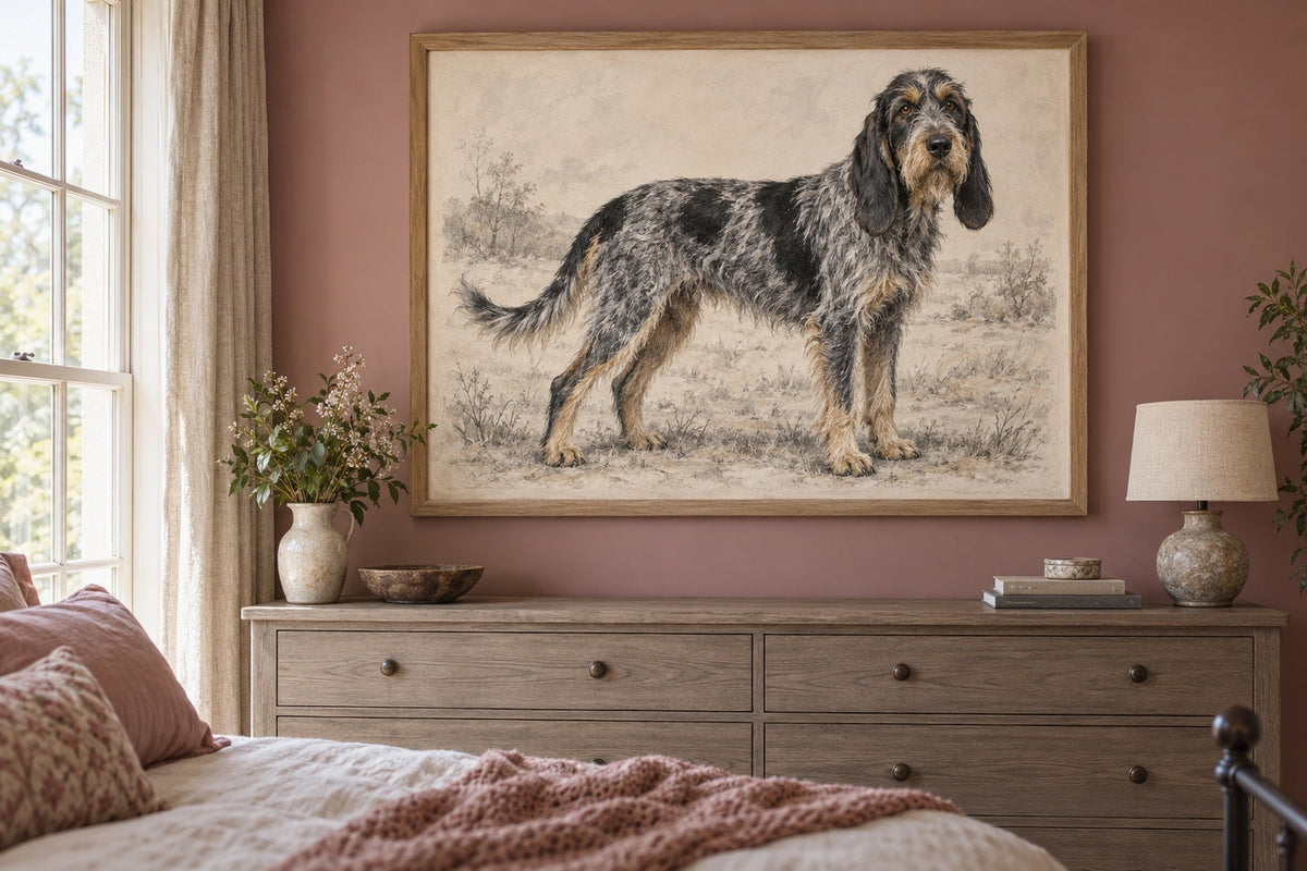 Griffon Bleu de Gascogne als Wandbild im Stil Kohle-Sketch, Raum: altrosafarbenes Schlafzimmer