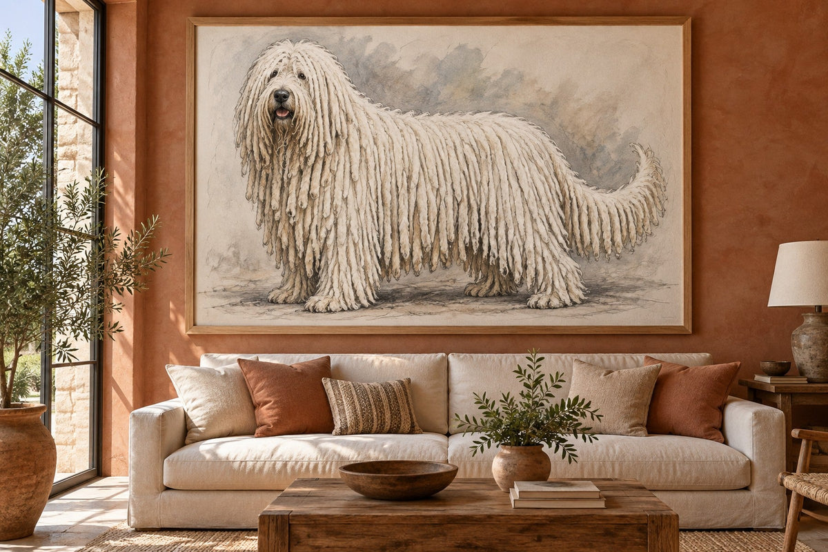 Komondor als Wandbild im Stil Kohle-Sketch, Raum: terrakottafarbenes Wohnzimmer