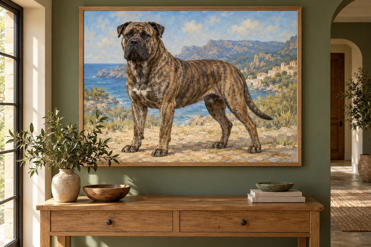 Mallorca-Dogge (Ca de Bou) als Wandbild im Stil Ölgemälde, Raum: grüner Flur