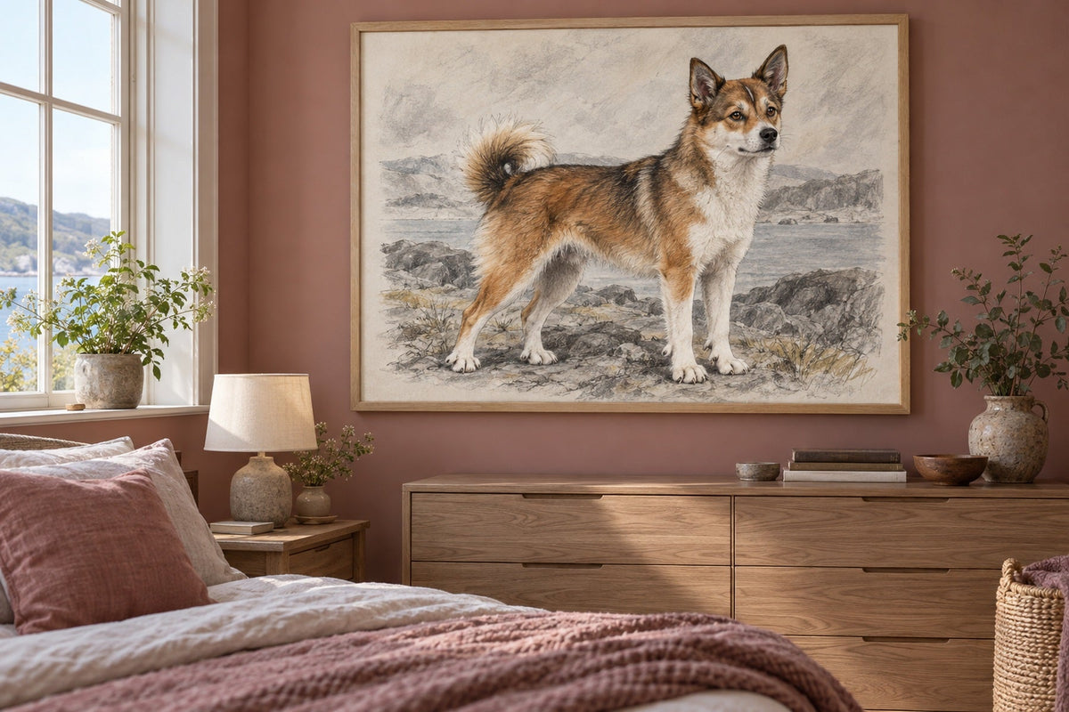 Norwegischer Lundehund als Wandbild im Stil Kohle-Sketch, Raum: altrosafarbenes Schlafzimmer