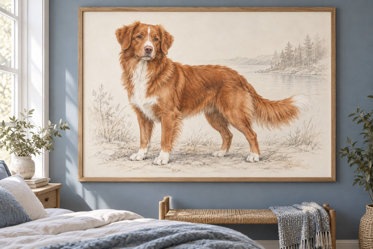 Nova Scotia Duck Tolling Retriever als Wandbild im Stil Sketch mit Farbwaschung, Raum: blaues Schlafzimmer