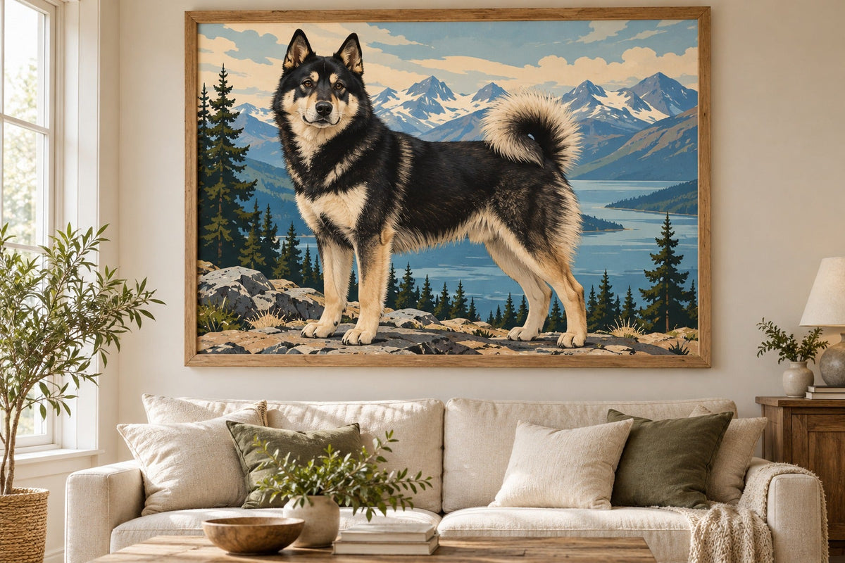 Ostsibirischer Laika als Wandbild im Stil Pop-Art, Raum: cremefarbenes Wohnzimmer