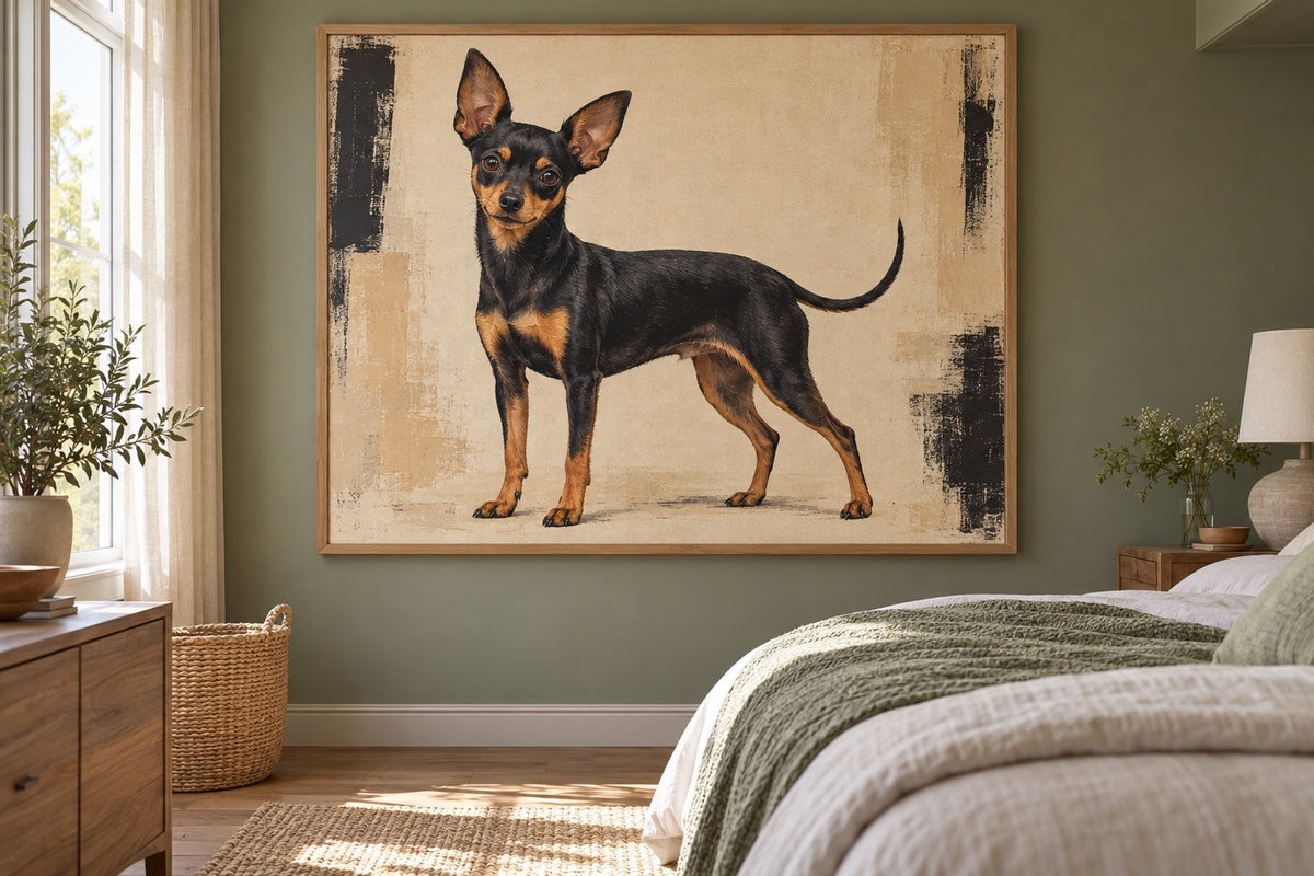 Prager Rattler als Wandbild im Stil Pop-Art, Raum: salbeifarbenes Schlafzimmer