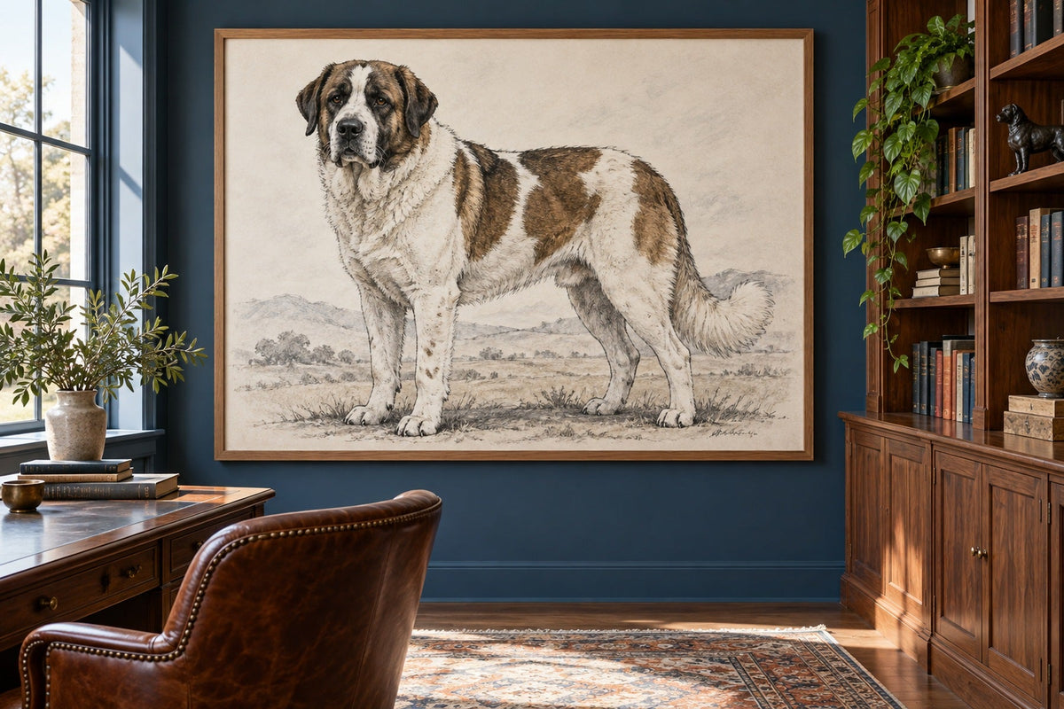 Rafeiro von Alentejo als Wandbild im Stil Kohle-Sketch, Raum: blaues Arbeitszimmer