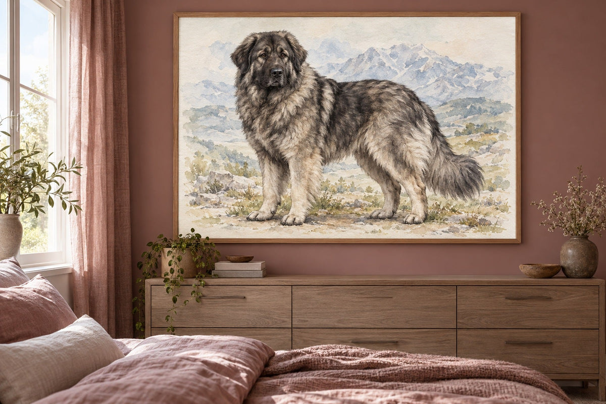 Šarplaninac (Jugoslawischer Hirtenhund) als Wandbild im Stil Aquarell, Raum: altrosafarbenes Schlafzimmer