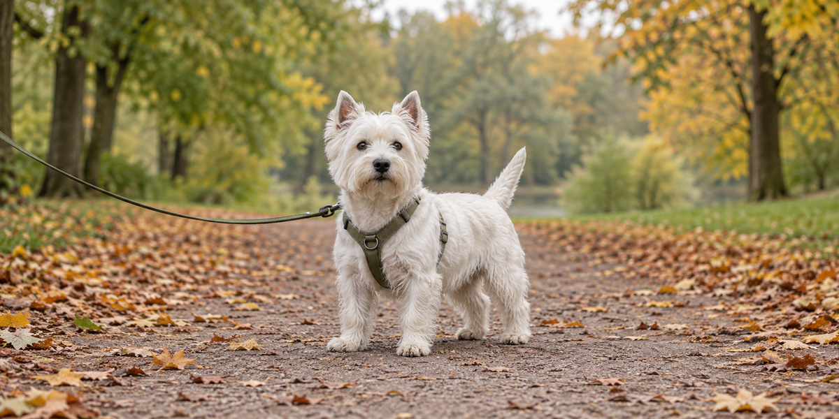 West Highland White Terrier mit olivgrünem Geschirr auf einem herbstlichen Parkweg