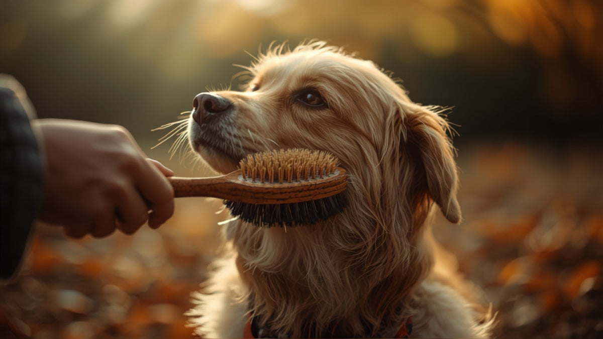 Chien que l'on brosse en automne, feuilles qui tombent à l'arrière-plan