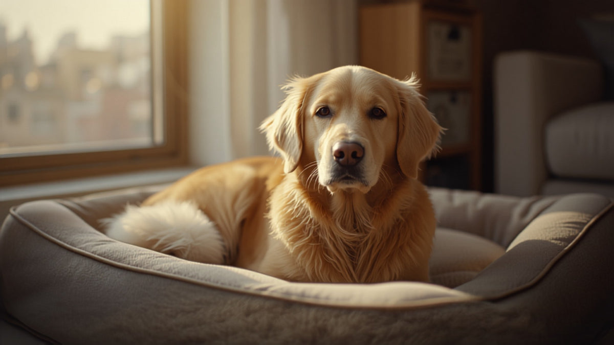 Vieux golden retriever dans son panier près de la fenêtre