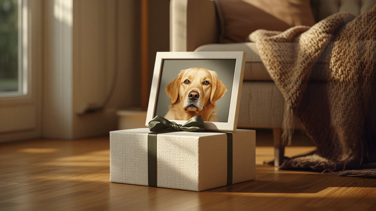 Cadeau emballé avec un portrait d'animal encadré dans un salon chaleureux