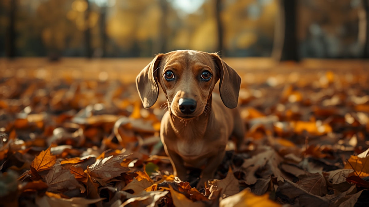 Teckel dans les feuilles d'automne