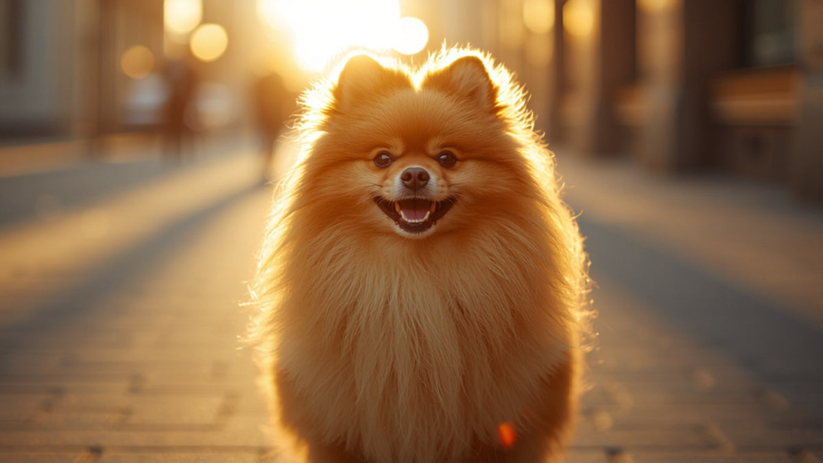Spitz nain sur un trottoir dans la lumière du soir