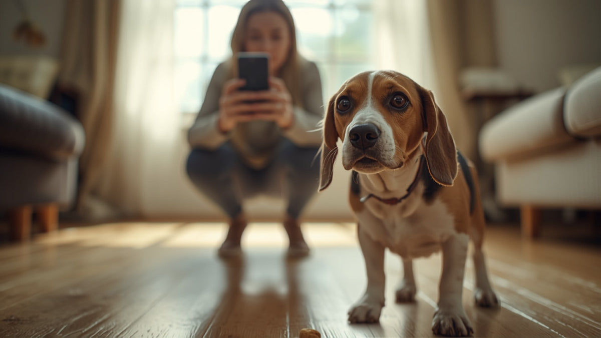 Beagle photographié au téléphone à hauteur de regard