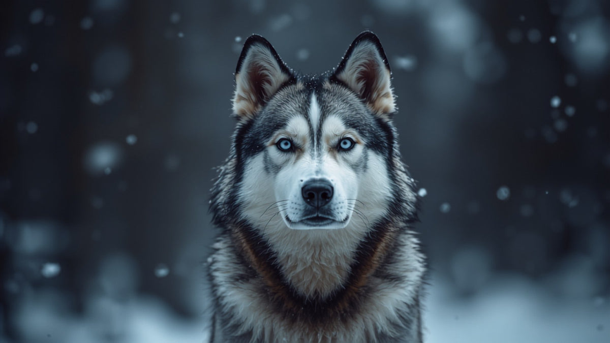 Husky sibérien dans la neige en lisière de forêt