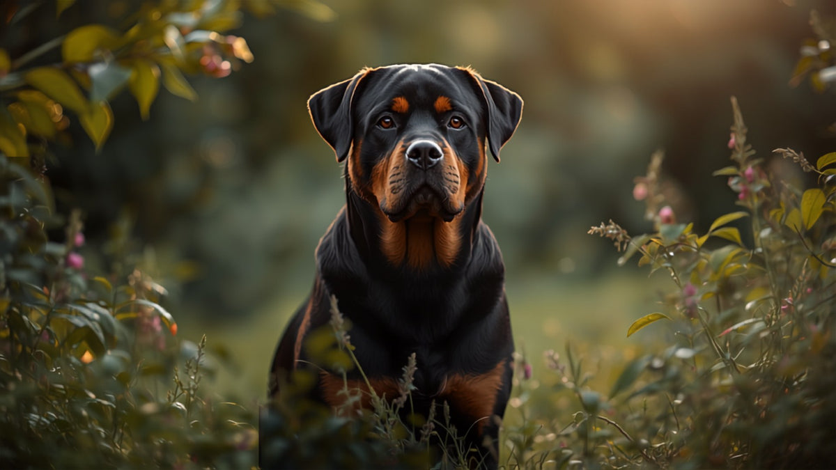 Rottweiler calme, assis et attentif dans le jardin sous une lumière chaude