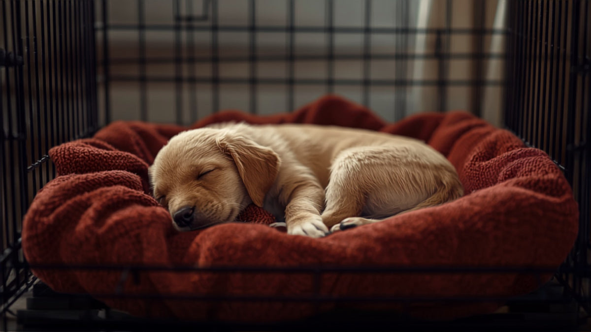 Chiot endormi dans sa caisse