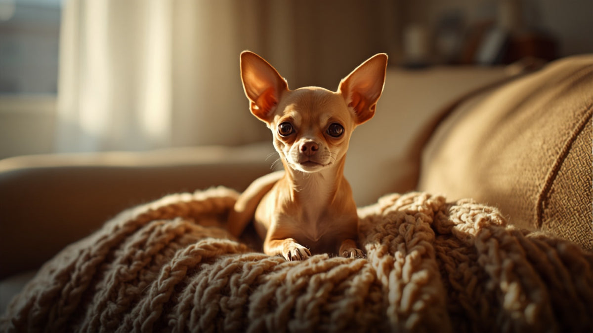 Chihuahua sur un plaid en tricot
