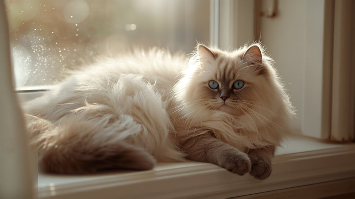 Chat ragdoll aux yeux bleus, détendu sur un rebord de fenêtre ensoleillé