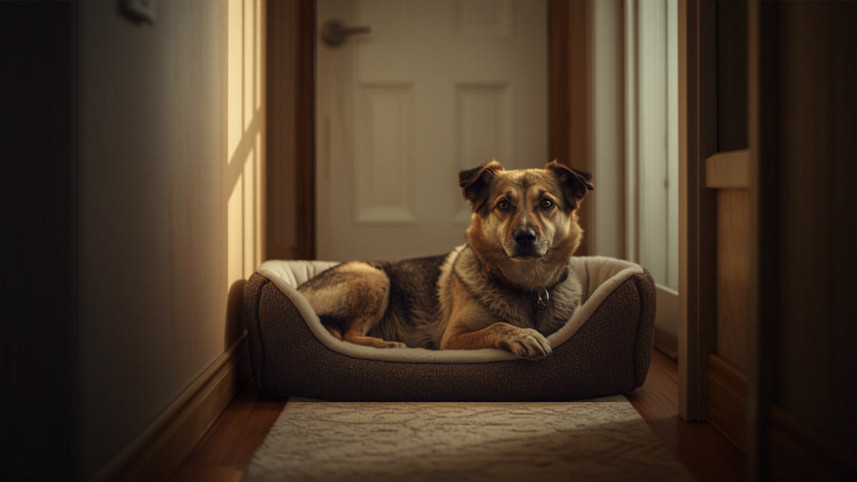 Chien qui attend tranquillement à côté de la porte d'entrée