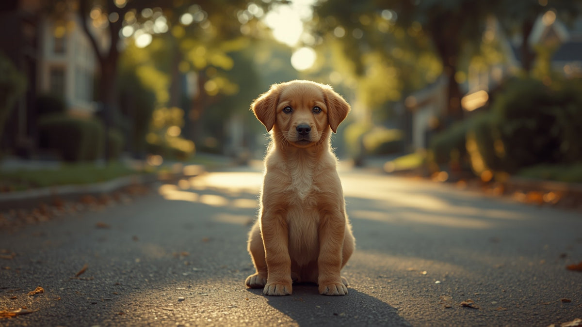 Chiot assis calmement sur un chemin de jardin, observant la rue à bonne distance