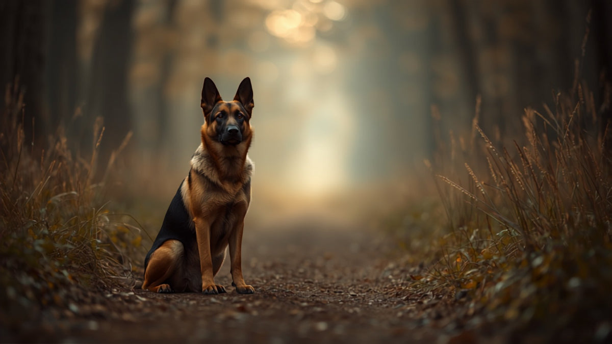 Berger allemand sur un chemin forestier