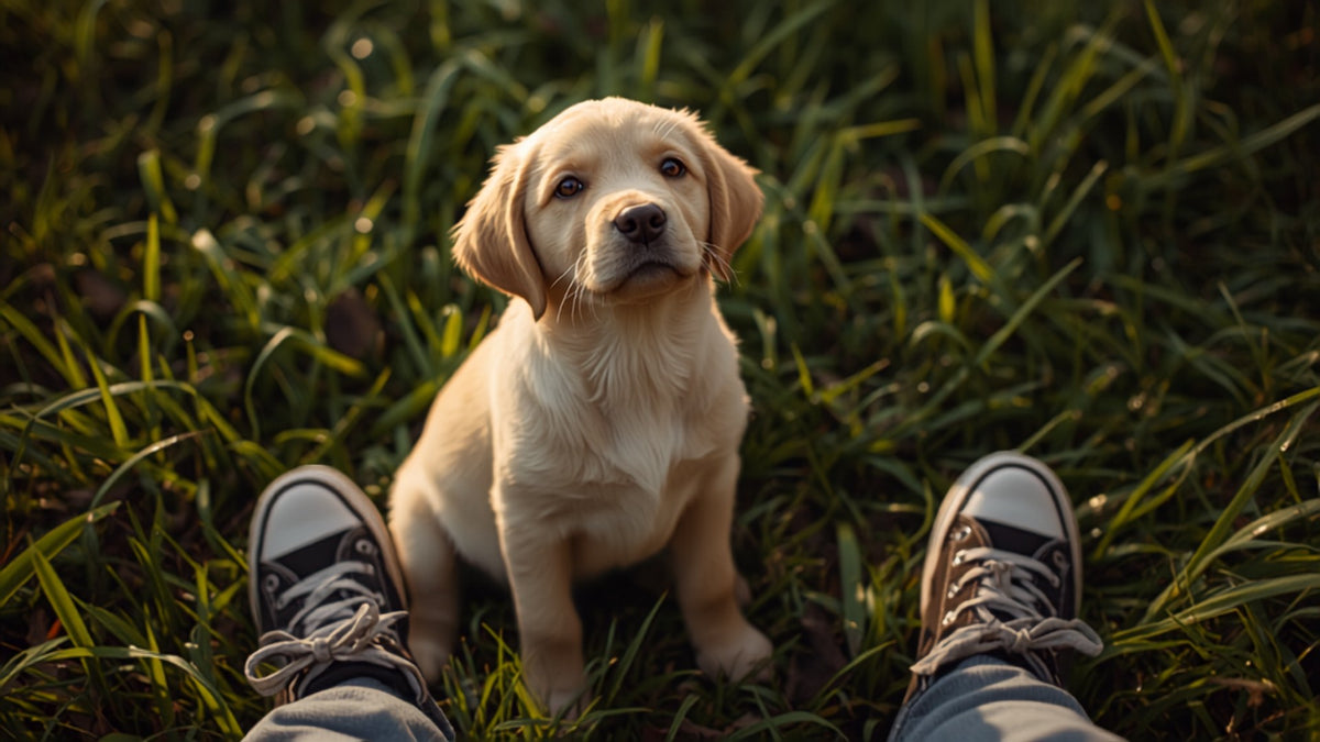 Chiot dans le jardin, près des pieds de son humain