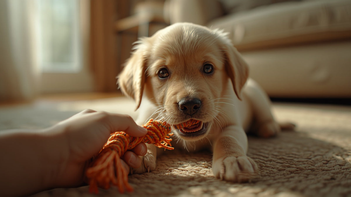 Chiot jouant avec une corde tenue par son humain