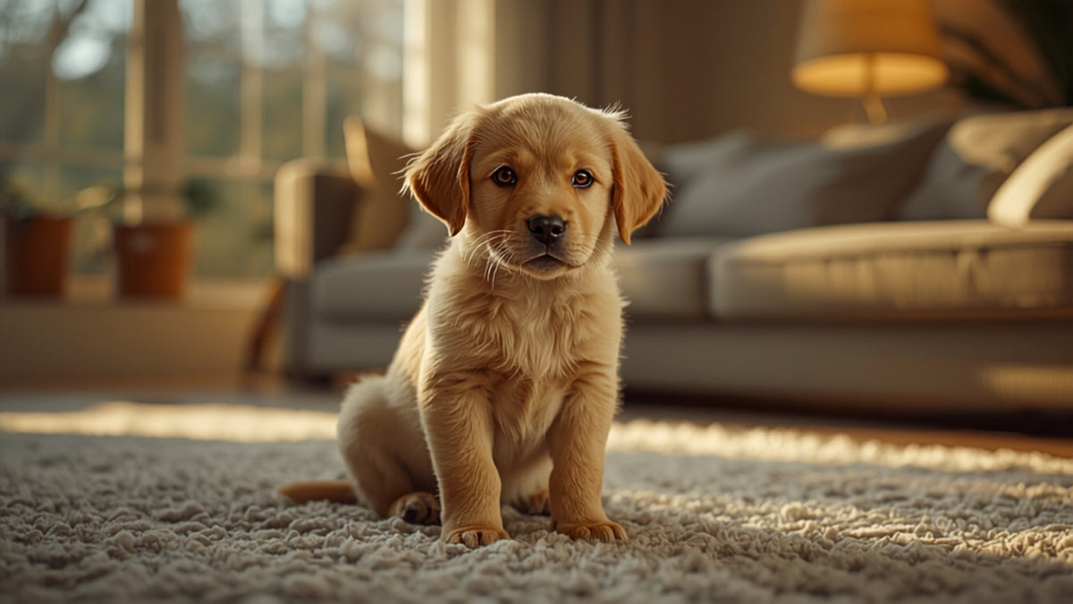 Chiot assis attentif devant son humain pendant une séance d'entraînement dans le salon