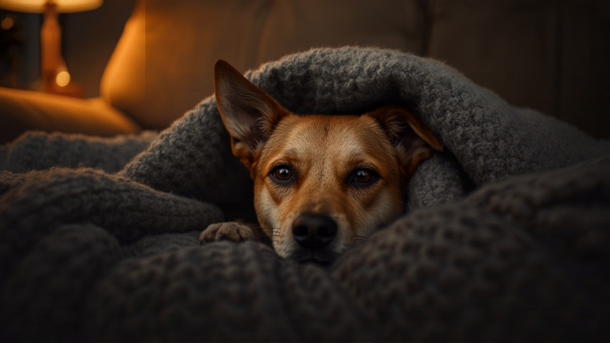 Chien caché sous une couverture le soir du Nouvel An