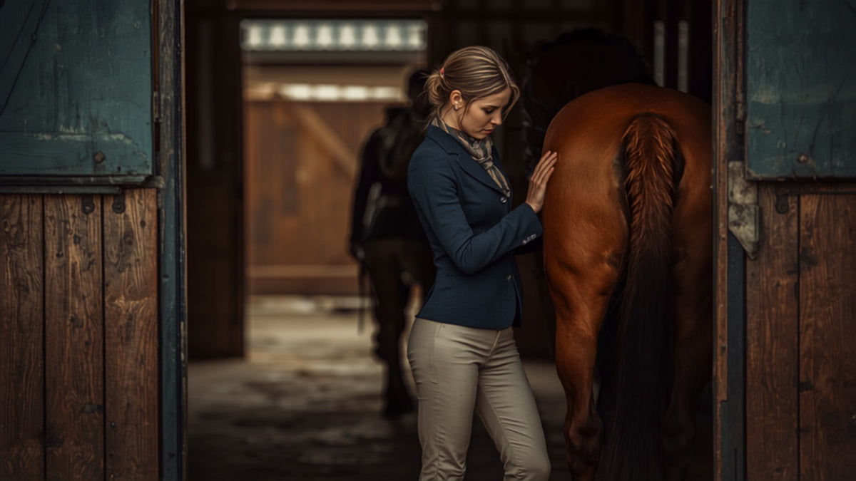 Cavalière vérifiant la jambe d'un cheval devant l'écurie