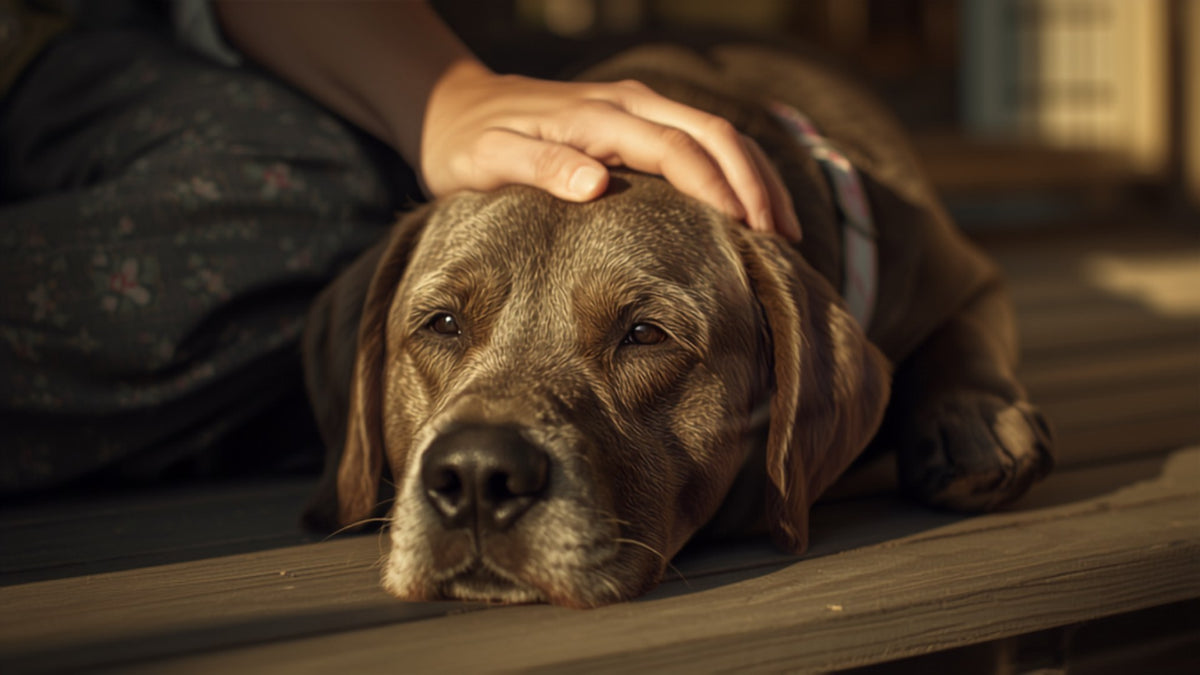Vieux labrador avec une main posée sur la tête