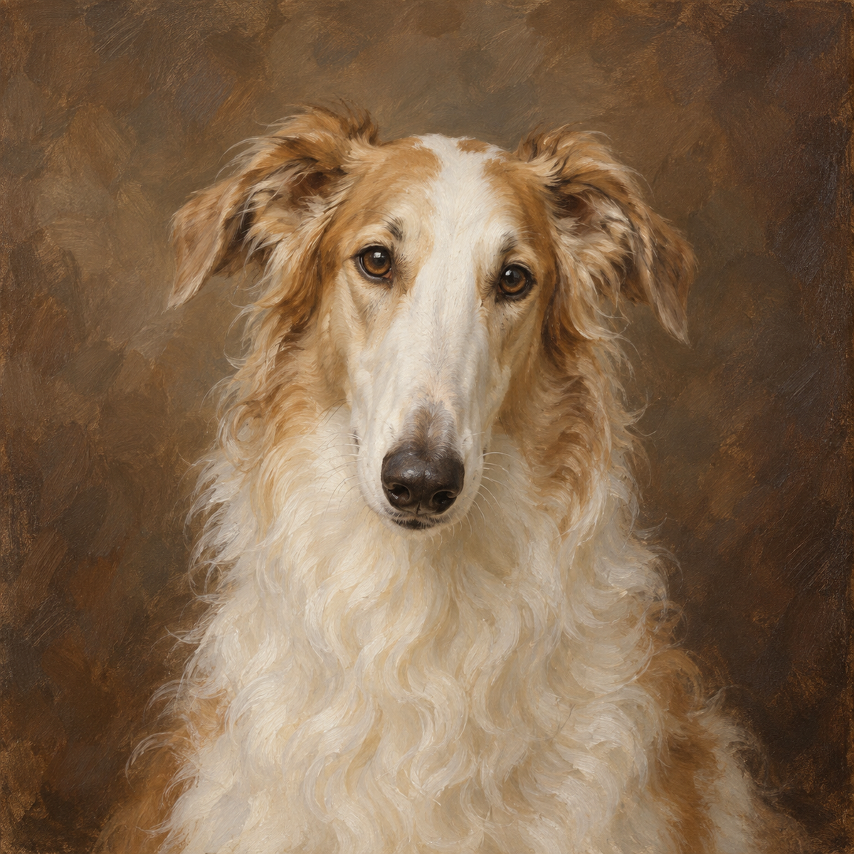 Barsoi als Portrait im Ölgemälde-Stil vor warmem braunem Hintergrund
