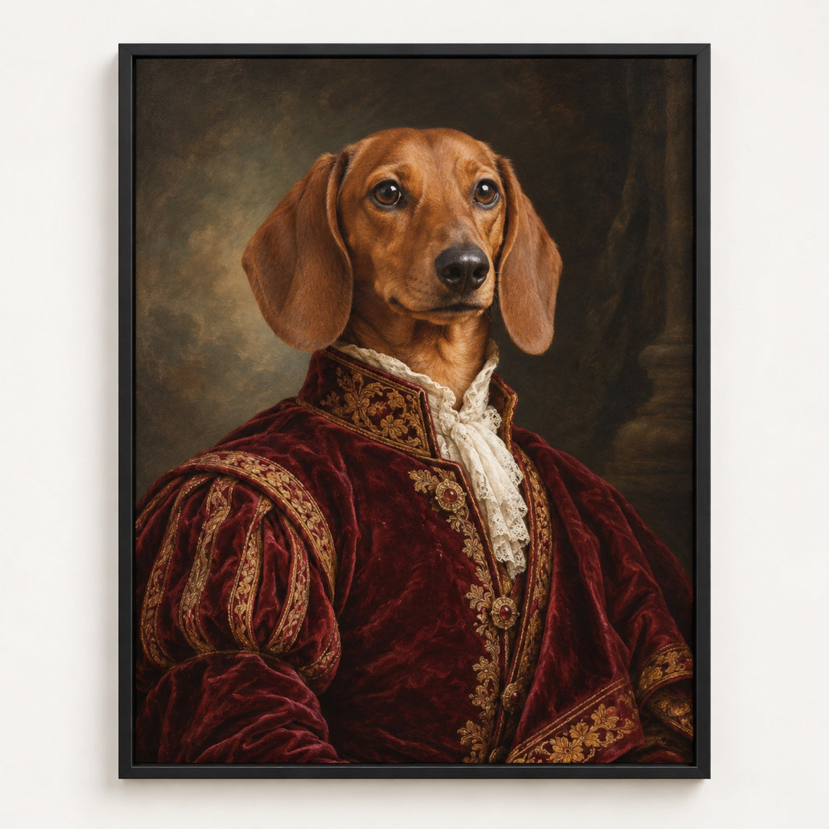 Portrait de teckel style Royal en affiche avec cadre en bois, format et cadre déterminent le prix