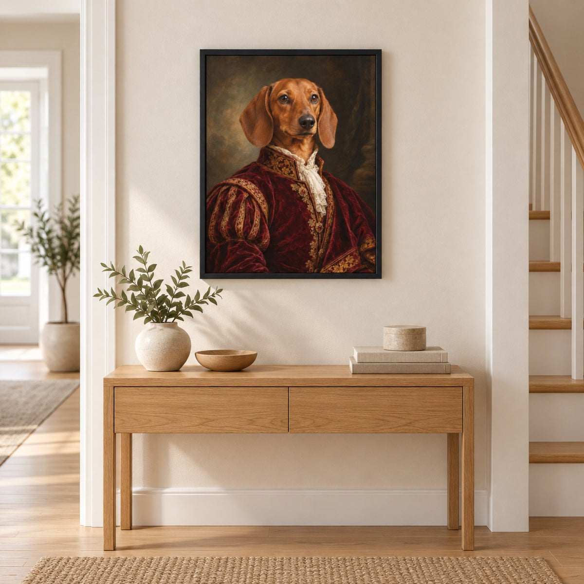 Portrait de chien personnalisé dans un cadre en bois au mur, idée cadeau