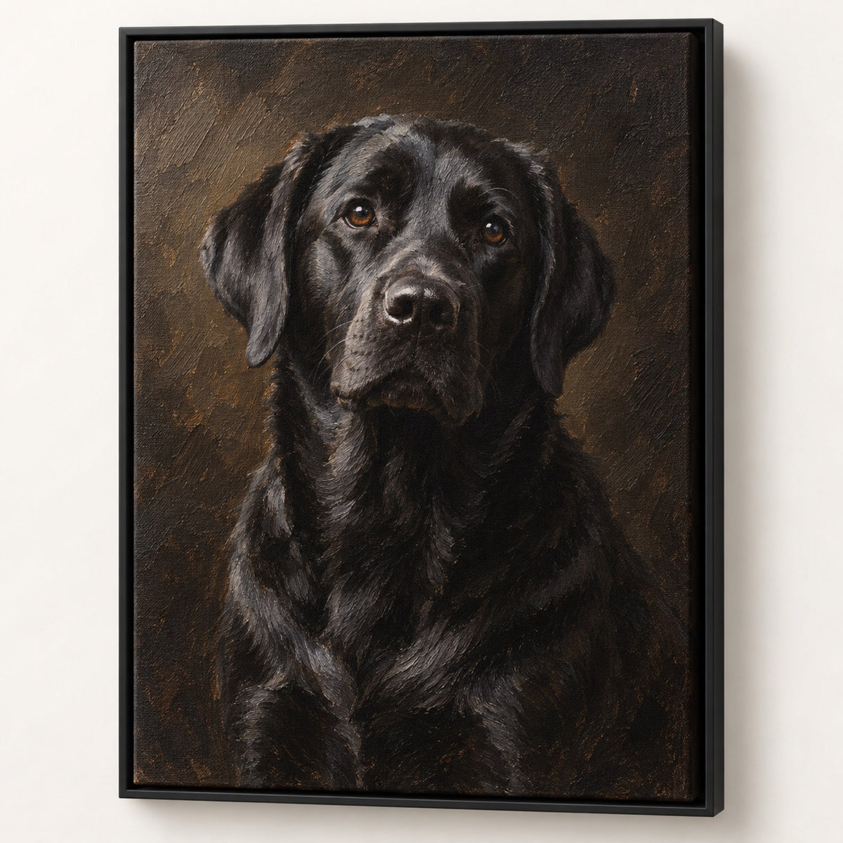 Schwarzer Labrador Retriever im Stil eines Ölgemäldes auf gerahmter Leinwand